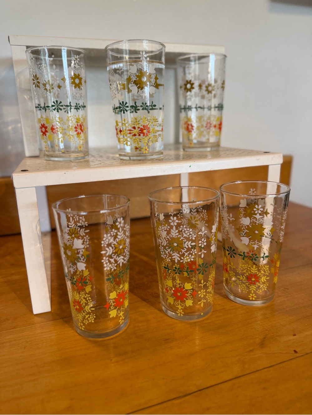 Vintage Floral Glass Tumbler Set - Yellow & Green Pattern (Set of 6)